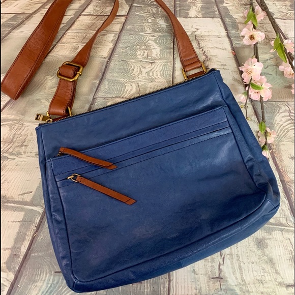 Fossil Handbags - Fossil Large Blue & Tan Leather Crossbody
